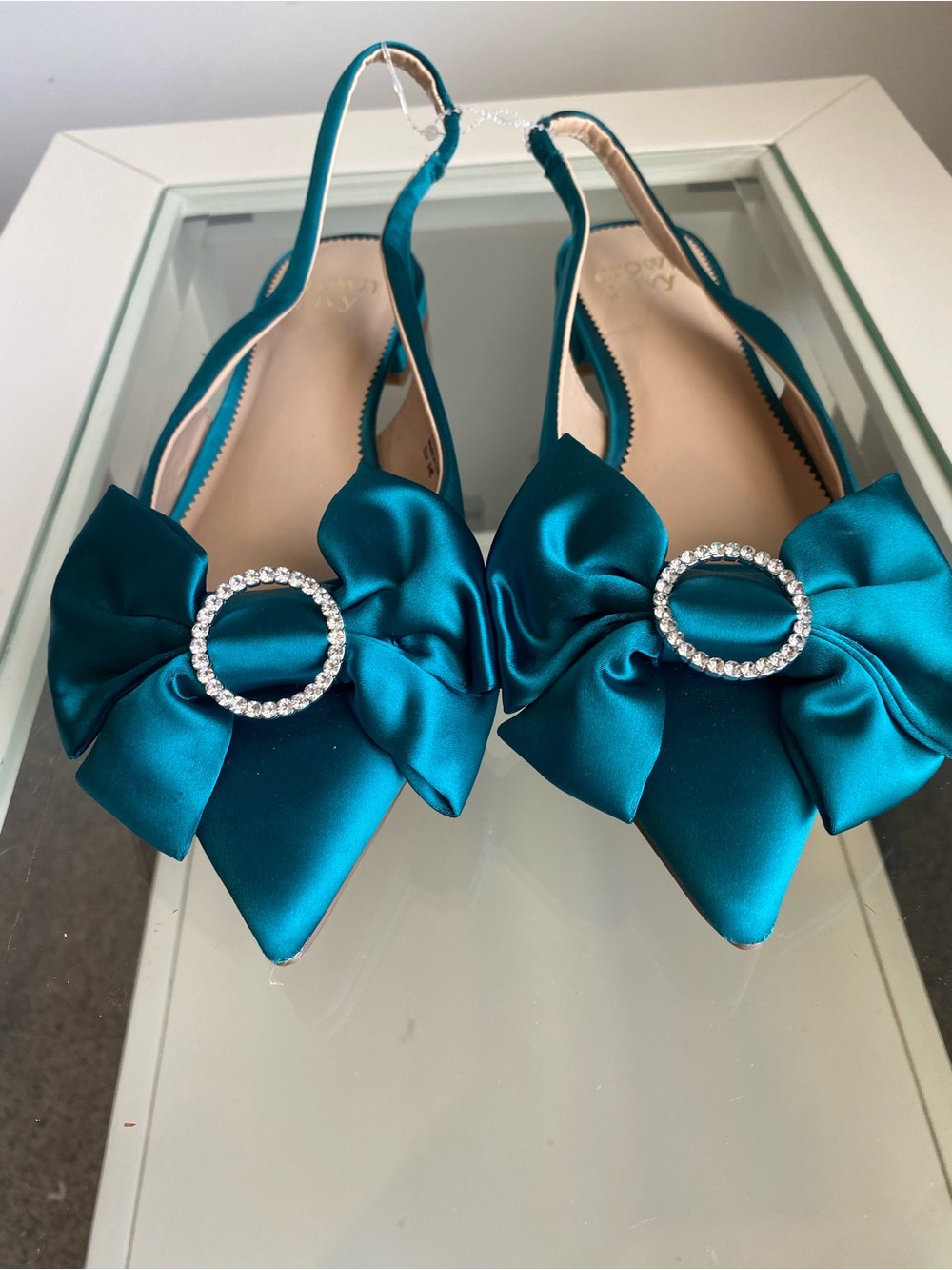 Crown & Ivy Satin Bow Pointed-Toe Slingback heels in Teal
